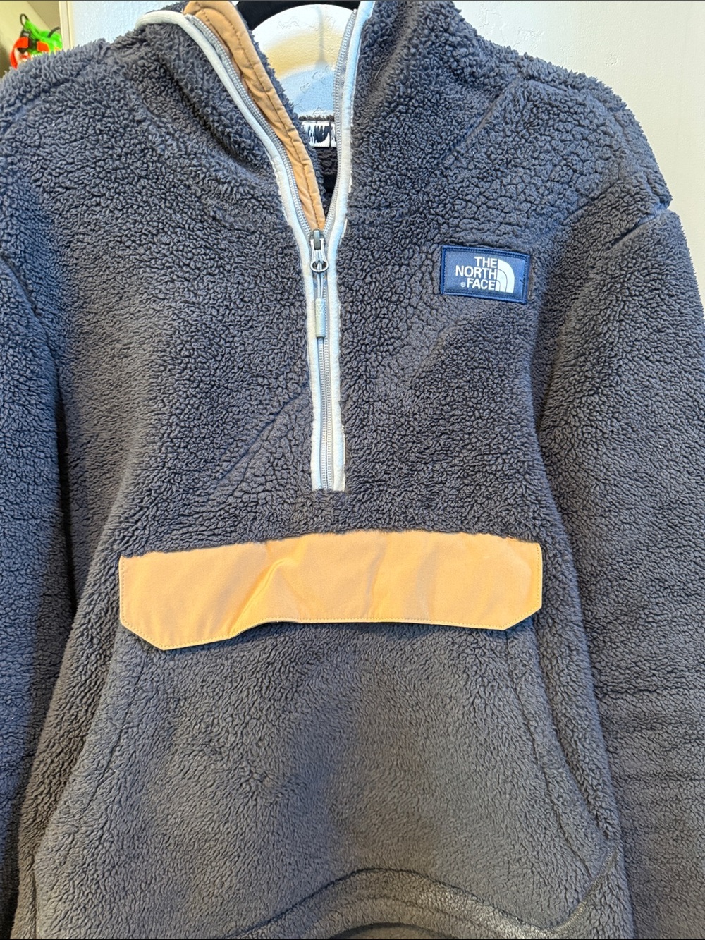 The North Face gray and Brown Sherpa Hoodie with Navy Logo Patch